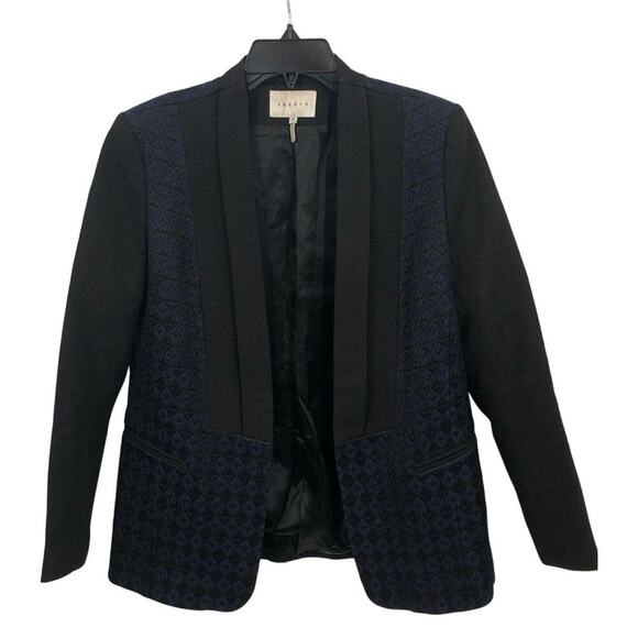 Women’s Sandro Black & Blue Textured Blazer Size 40 – Elegant Evening Jacket - Picture 4 of 6